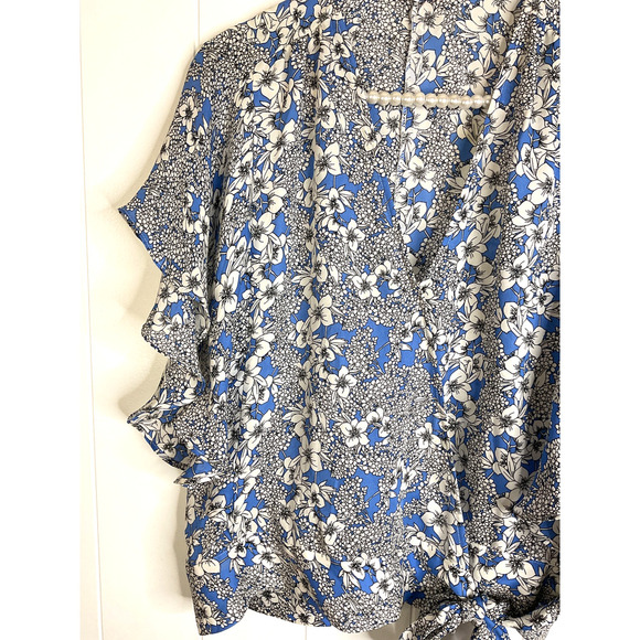 Parker Kory Blue Floral Waterfall Flutter Sleeve Wrap Blouse 100% Silk Size Med - Picture 4 of 9
